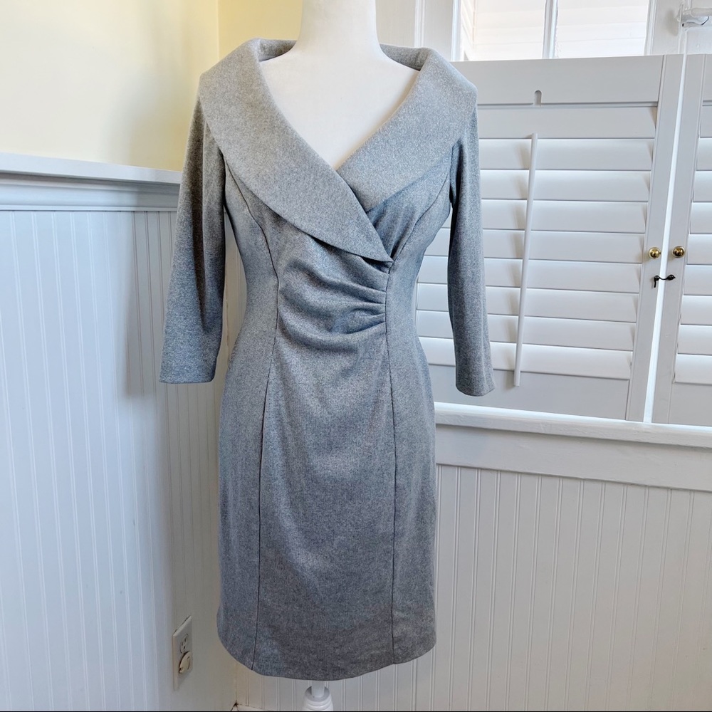 Tahari ASL Gray & Silver Metallic Shawl Collar Sheath Cocktail Dress Size 6